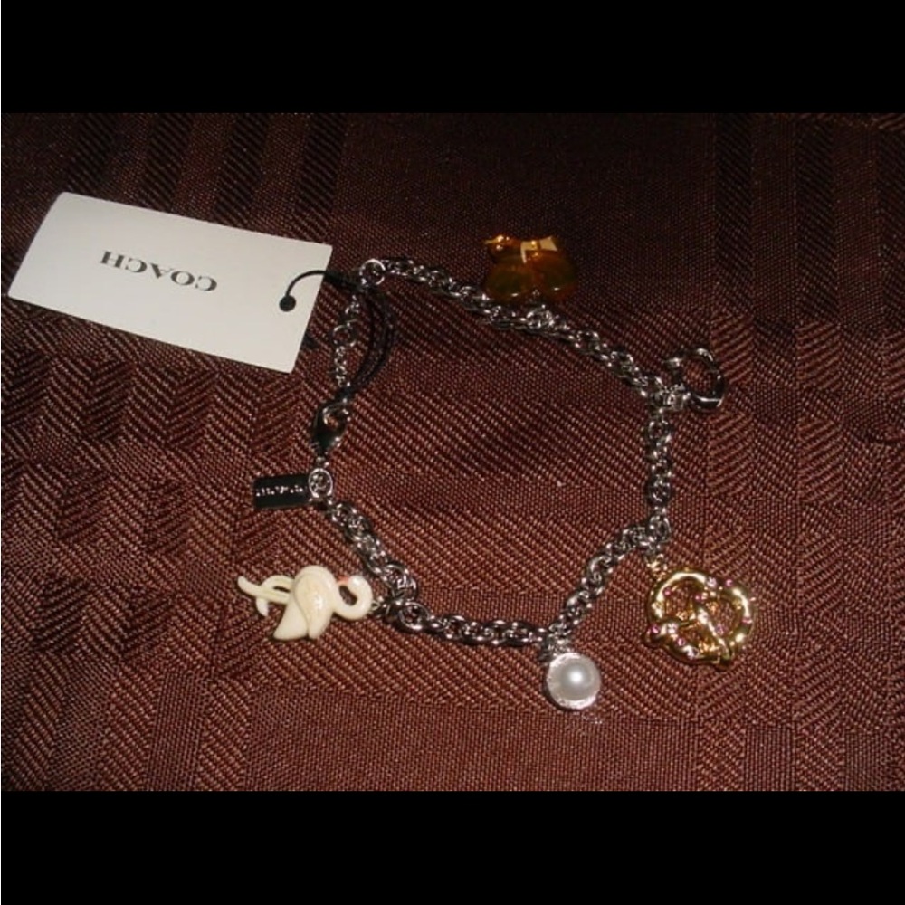 COACH NWT Flamingo Pretzel Bling Bee Pearl C Charm Bracelet